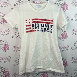 Port & company big unit gear box White Graphic T-Shirt with Red and Blue Print